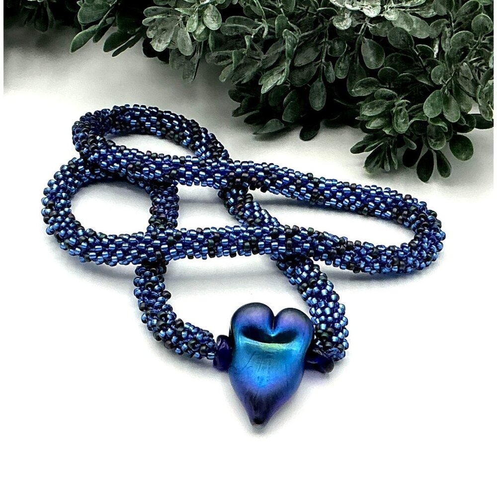 Handmade Blue Glass Heart Pendant Necklace With Beaded Rope Design Elegant Jewel